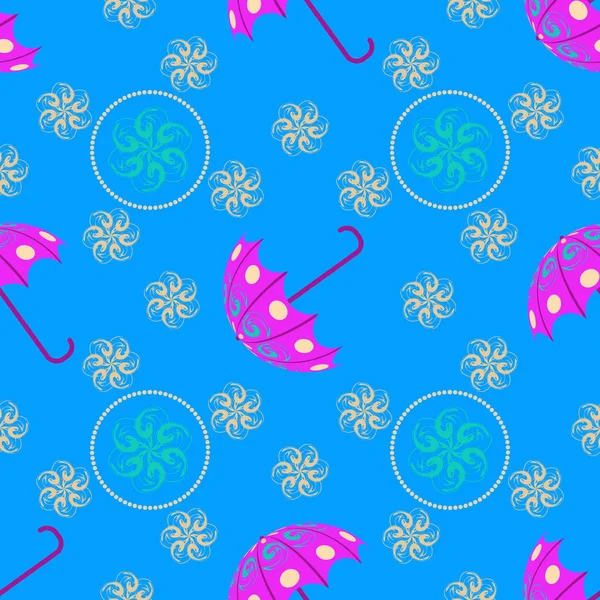 Guarda-chuvas cor-de-rosa em fundo azul sem costura padrão. Semente de vetor — Vetor de Stock