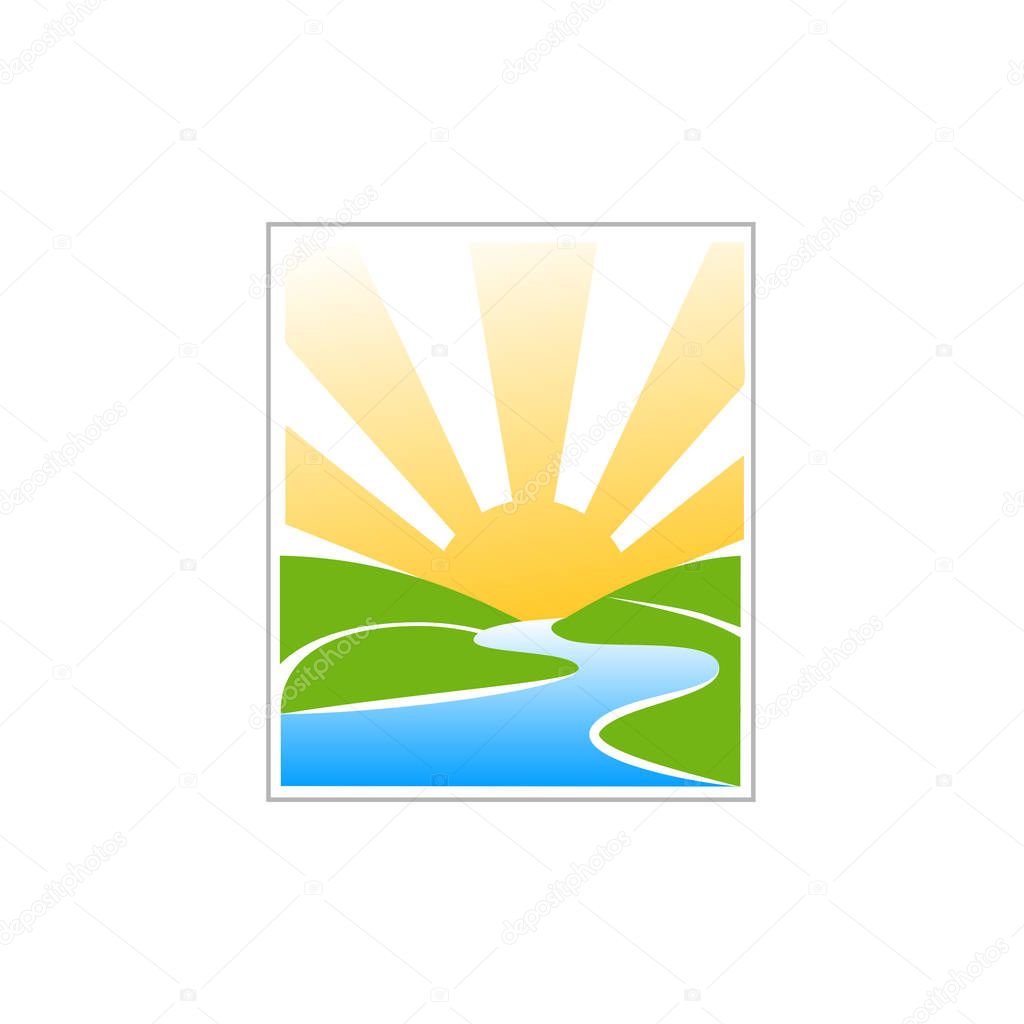 Minimal illustration with hills, water and sunrise that can be used for logo or as isolated graphic element
