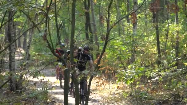 Cycliste Monter le vélo sur le magnifique sentier forestier de printemps. Kiev, Ukraine, 20.03.2020 — Video