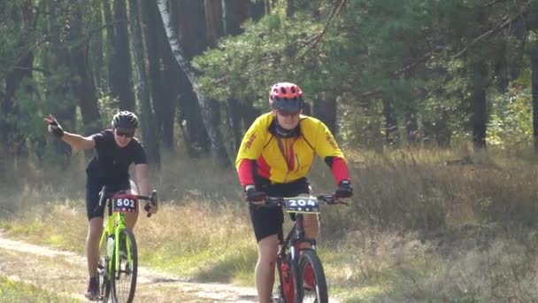 Cycliste Monter le vélo sur le magnifique sentier forestier de printemps. Kiev, Ukraine, 20.03.2020 — Video