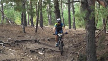 Bisikletçi Bisikletle Güzel Bahar Ormanı Yolu 'nda. Kyiv, Ukrayna, 20.03.2020