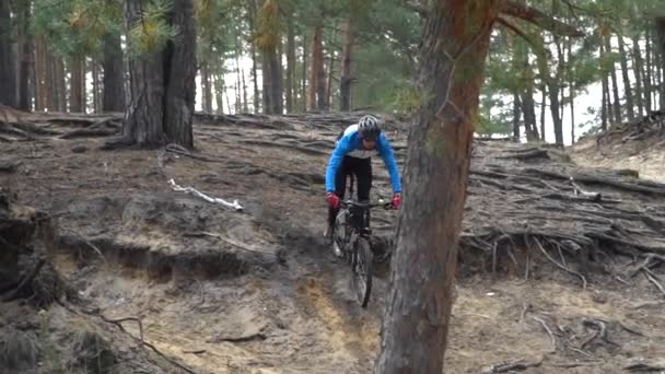 Cycliste Monter le vélo sur le magnifique sentier forestier de printemps. Kiev, Ukraine, 20.03.2020 — Video