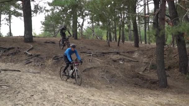 Cycliste Monter le vélo sur le magnifique sentier forestier de printemps. Kiev, Ukraine, 20.03.2020 — Video