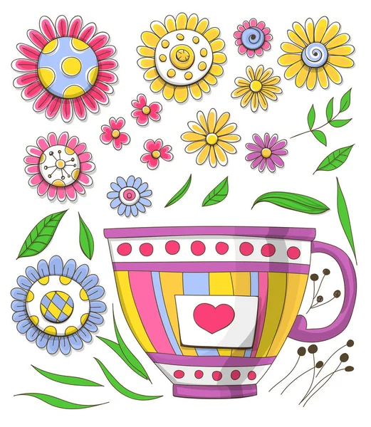 Blommor och cup set — Stock vektor