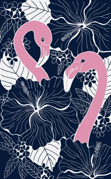 Flamingos, Hibiskus und tropische Blätter — Stockvektor