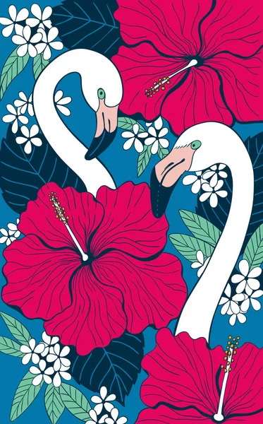 Flamingos, Hibiskus und tropische Blätter — Stockvektor