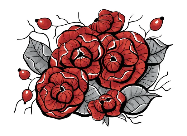 Květy růže, šípky a listy — Stockový vektor