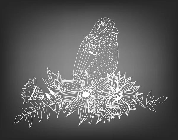 Doodle vogel en boeket van bloemen en bladeren — Stockvector