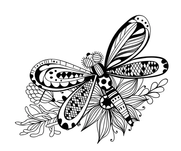 Dragonfly, doodle flowers and leaves — Stock Vector