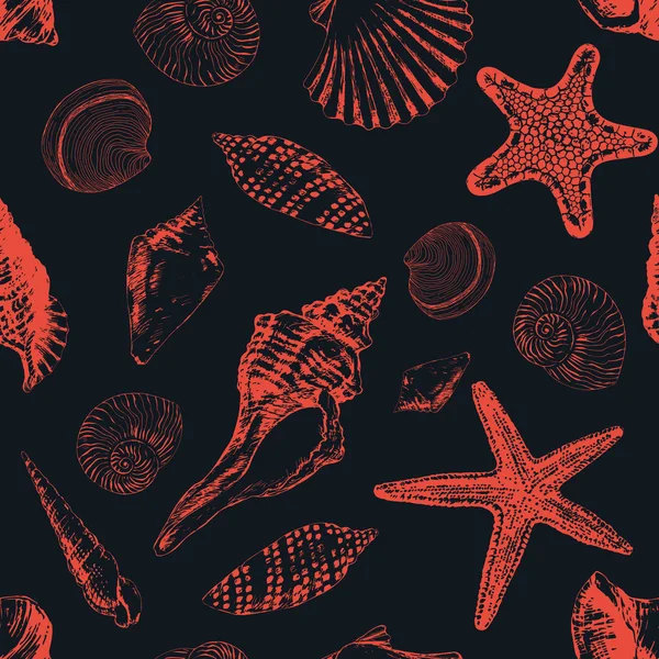 Patrón sin costura con varias conchas marinas — Archivo Imágenes Vectoriales