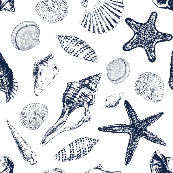 Бесшовный рисунок с различными морскими раковинами — стоковый вектор