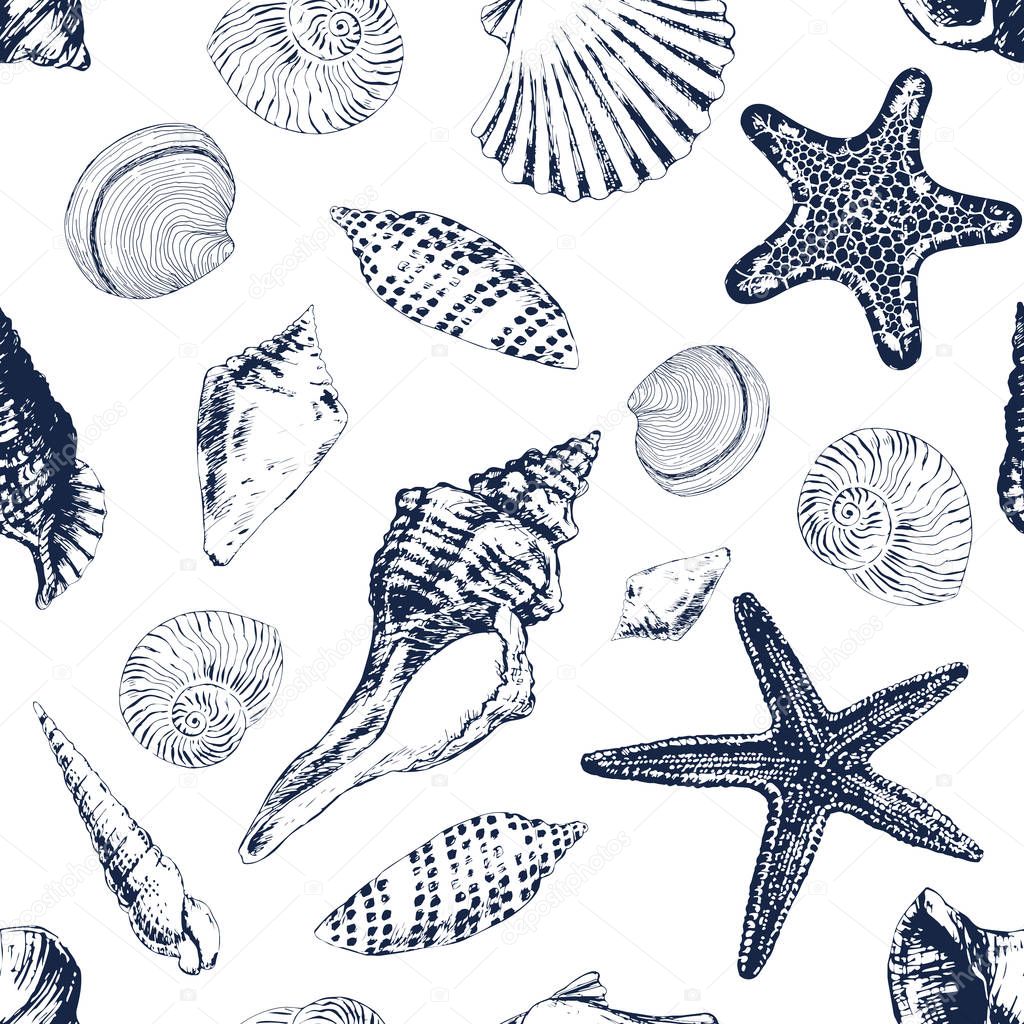 Seamless pattern with various sea shells
