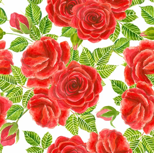 红玫瑰水彩画无缝模式 — 图库照片