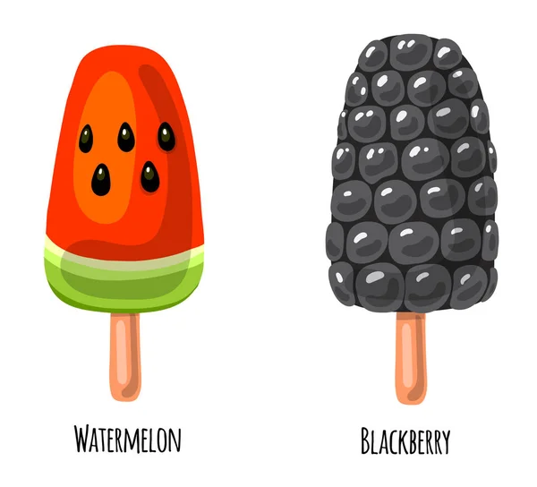 西瓜和黑莓的冰淇淋 — 图库矢量图片