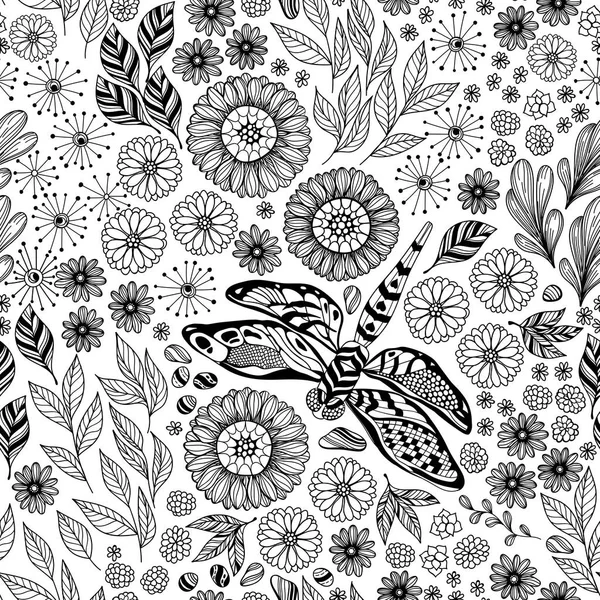 Dragonfly et motif de fleurs — Image vectorielle