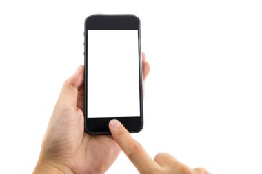 Beyaz arka plan beyaz kadının elini cep telefonu ve t
