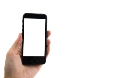 beyaz kadının beyaz arka plan elini hareket eden telefon ile 
