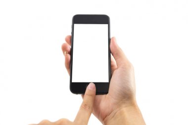 Beyaz arka plan beyaz kadının elini cep telefonu ve t