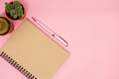 Üstten Görünüm iş arka plan çalışma alanıyla kaktüs, kalem ve blan