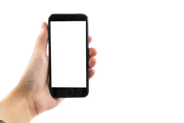 beyaz kadının beyaz arka plan elini hareket eden telefon ile 