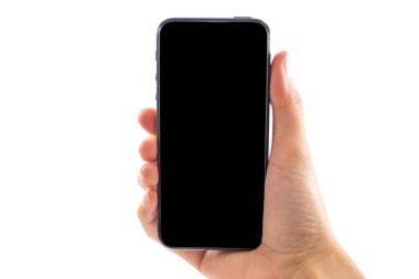 izole arka plan el Kafkas kadın tutun mobil kablosuz telefon