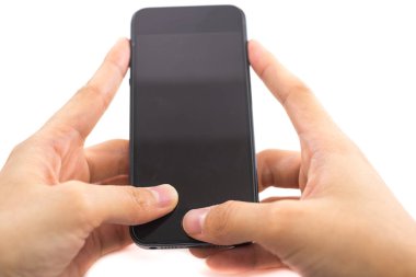 izole arka plan el Kafkas kadın tutun mobil kablosuz telefon