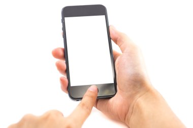 izole arka plan el Kafkas kadın tutun mobil kablosuz telefon