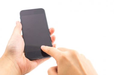 izole arka plan el Kafkas kadın tutun mobil kablosuz telefon