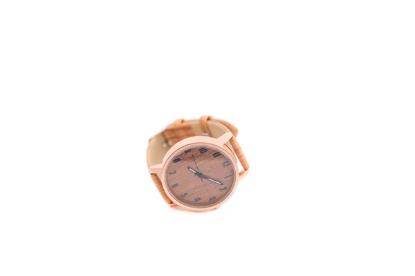 Fundo isolado empresária relógio de madeira no fundo branco — Fotografia de Stock
