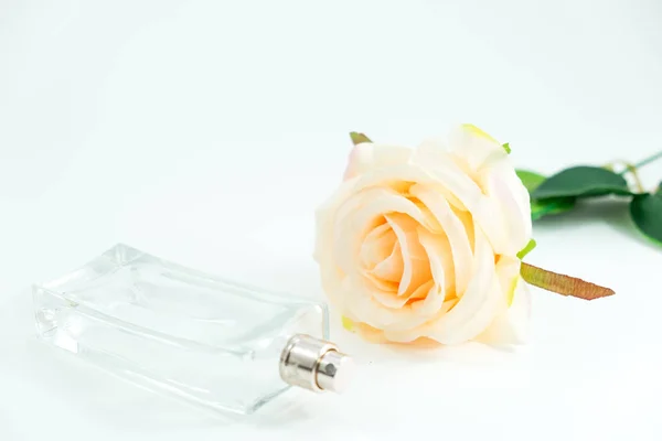 Isolated background empty perfume bottle and beautiful rose plac — Stock Photo, Image