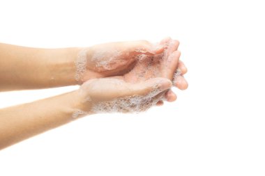 Temizlik konseptinde beyaz arka planda sap ile ellerini yıkamak