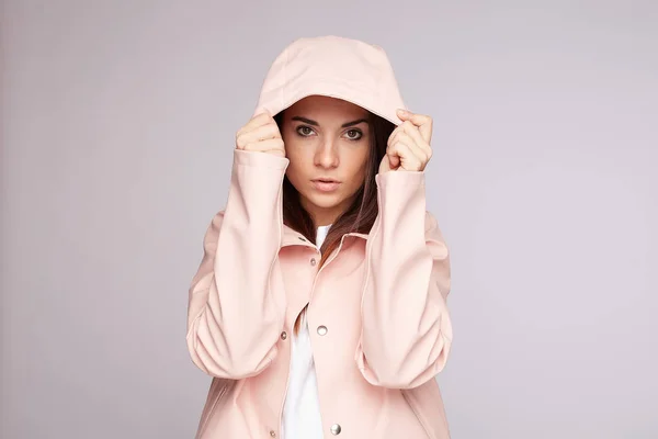 Seasonal Melancholia Upset Sad Caucasian Woman Walks Stormy Weather Holding — Stock Photo, Image