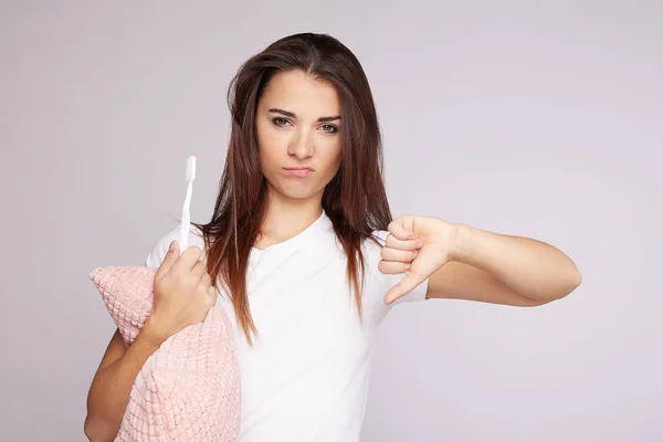 Discontent Cute European Woman Tooth Brush Shows Disapproval Sign Keeps — ストック写真