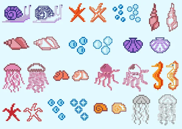 Set van pixel zeedieren en schelpen — Stockvector