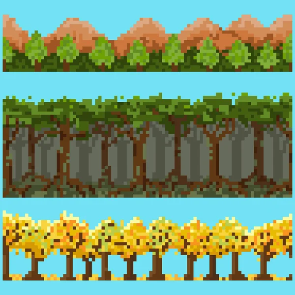 Een aantal pixel naadloze element met bomen en bergen — Stockvector