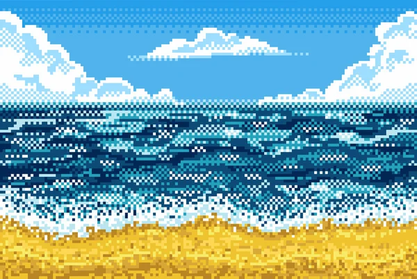 Фон пикселей с пляжем, морем, небом и облаками — стоковый вектор