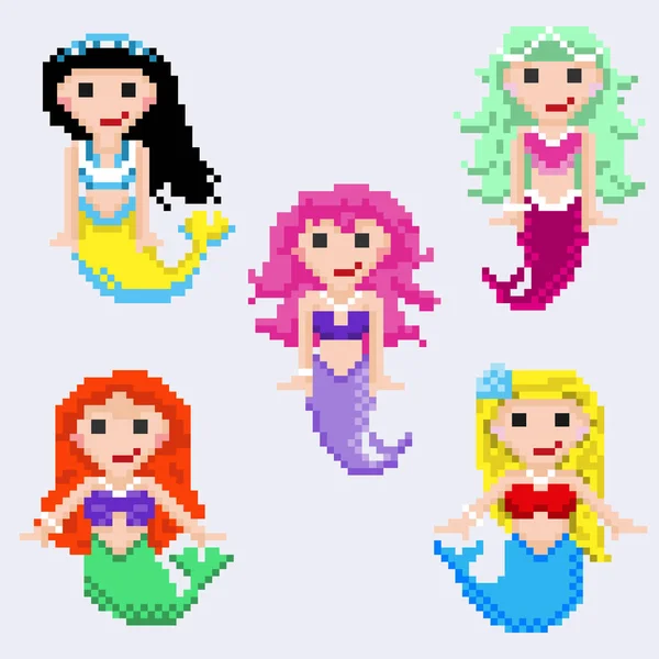 Eine Reihe von Pixel-Meerjungfrauen. — Stockvektor