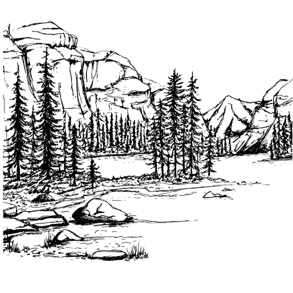Un boceto de un lago y un bosque — Vector de stock