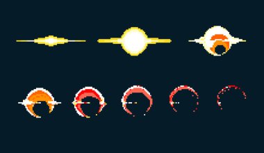 Piksel sanat patlaması. Oyun simgeleri ayarlandı. Comic boom duygu için alev efektleri. Sarı alevler.