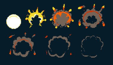 Piksel sanat patlaması. Oyun simgeleri ayarlandı. Comic boom duygu için alev efektleri. Sarı alevler.