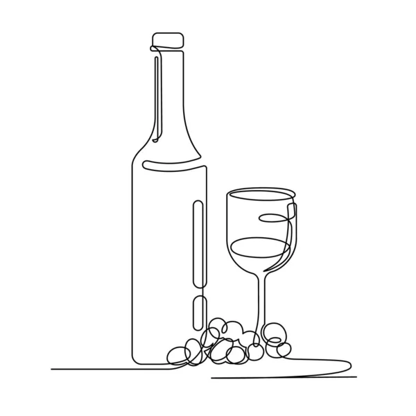 Vintage linear design template with one line botle of wine, glass and grape for decoration design.