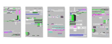 A set of editable template for stories and streaming. Computer screen error. Video game glitch. Glitch vhs effect