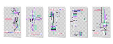 A set of editable template for stories and streaming. Computer screen error. Video game glitch. Glitch vhs effect