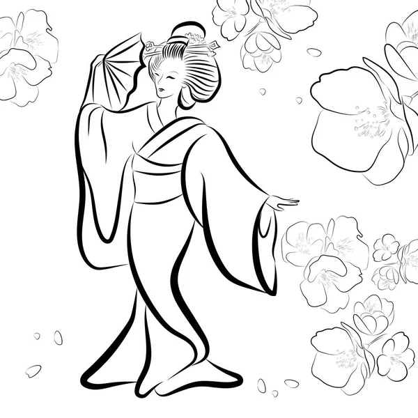 Ilustrasi Hitam dan Putih Wanita Geisha Asia dan Sakura - Stok Vektor