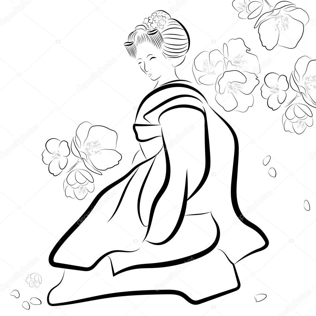 Black and White Illustration Asian Geisha Woman and Sakura