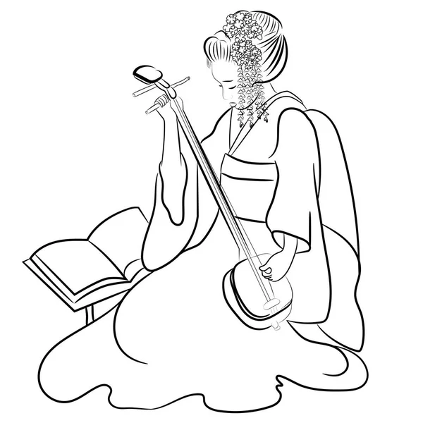 Vektör siyah ve beyaz Asyalı geyşa kadın çizim. Geyşa oynarken — Stok Vektör