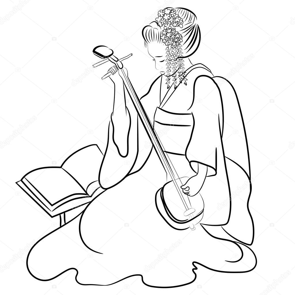 Vector Black and White Asian Geisha Woman Illustration. Playing geisha