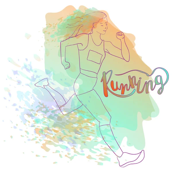 Running vrouw. Kleur sport poster, print of banner. Vectorillustratie van aquarel stijl — Stockvector