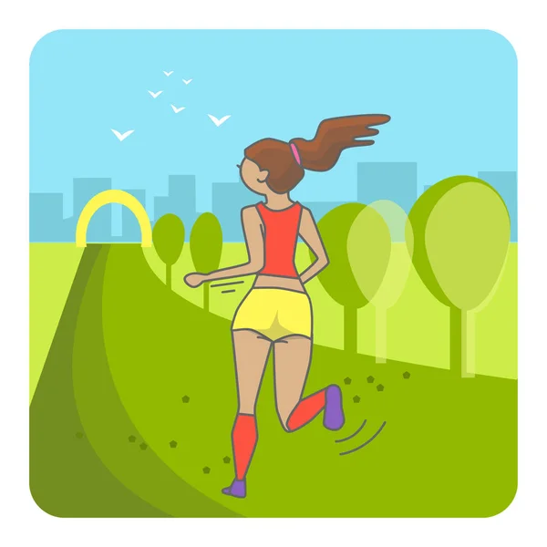 Τρέχοντας γυναίκα. Έγχρωμη αφίσα αθλητισμού, εκτύπωσης ή banner. Εικονογράφηση διάνυσμα επίπεδη σχεδίαση — Διανυσματικό Αρχείο