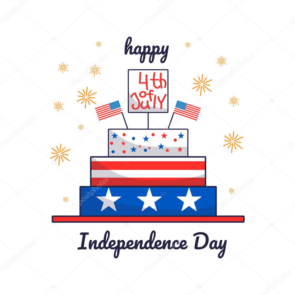 4th of July. Vector illustration of Independence Day. Card with cake